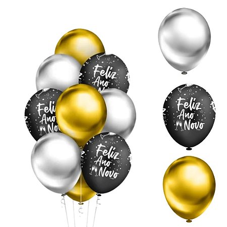 10 BALÃO DE LÁTEX ANO NOVO REDONDO 10 pol ( REGINA )