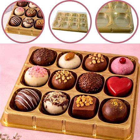10 CAIXA EMBALAGEM P/ 12 DOCES E BOMBONS DOURADO BWB 14270