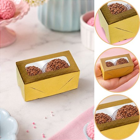 10 CAIXA LAMINADA C/ VISOR (02 DOCES)  4x8x4 cm OURO 4667 (IDEIA) LAMINADAS