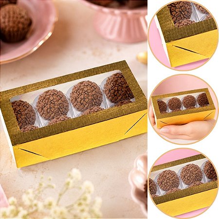 10 CAIXA LAMINADA C/ VISOR (08 DOCES) 4x16x8 cm OURO 4670 (IDEIA) LAMINADAS