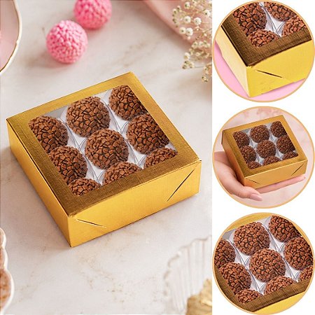 10 CAIXA LAMINADA C/ VISOR (09 DOCES) 4x12x12 cm OURO 4671 (IDEIA) LAMINADAS