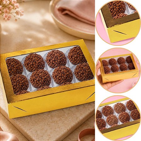 10 CAIXA LAMINADA C/ VISOR (12 DOCES) 4x16x12 cm OURO 4673  (IDEIA) LAMINADAS