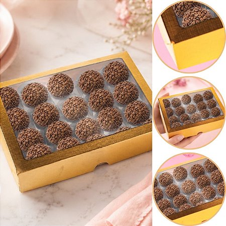 10 CAIXA LAMINADA C/ VISOR (20 DOCES) 4x20x16 cm OURO 4676 (IDEIA) LAMINADAS