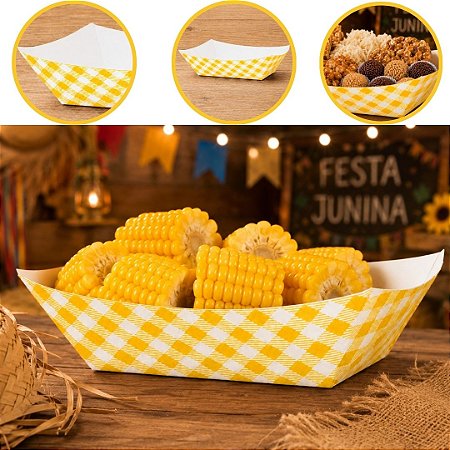 10 BANDEJA DE PAPEL XADREZ AMARELA 14,5CM  (FESTA JUNINA 2026)