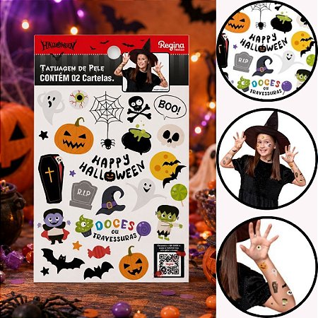 01 TATUAGEM DE PELE HALLOWEEN ICONES C/02 CARTELAS (REGINA)
