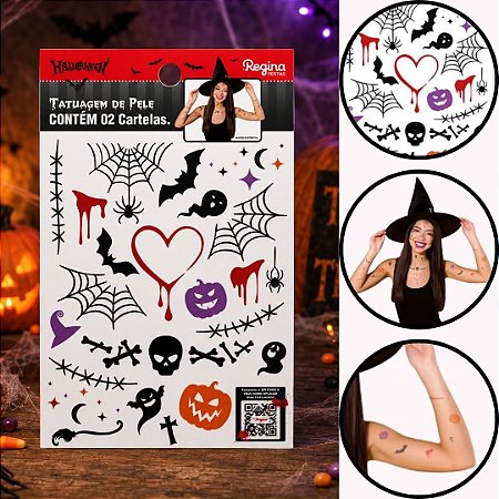 01 TATUAGEM DE PELE HALLOWEEN DECORATIVA C/02 CARTELAS (REGINA)