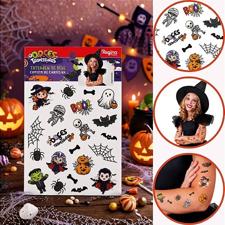 01 TATUAGEM DE PELE PERSONAGENS HALLOWEEN INFANTIL C/02 CARTELAS (REGINA)
