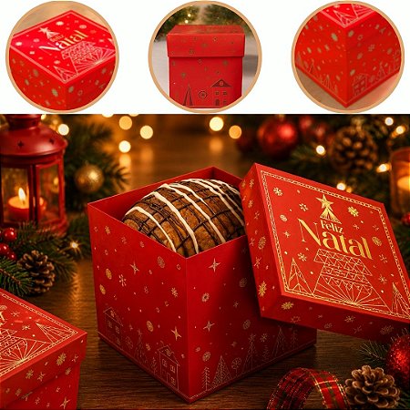 10 CAIXA QUADRADA G 15X15X15 PRESENTE DE NATAL PANETONE 500G C/ TAMPA  BRILHOS 6306 ( NATAL IDEIA 2026 )