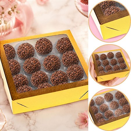 10 CAIXA LAMINADA C/ VISOR (16 DOCES) 4x16x16 cm OURO 4675 (IDEIA) LAMINADAS  ( NATAL IDEIA 2026 )