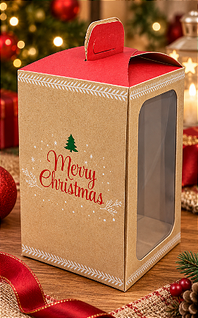 10 CAIXA MINI PANETONE KRAFT C/ALÇA E VISOR - NATAL FELIZ 3936 ( IDEIA NATAL OUTLET )