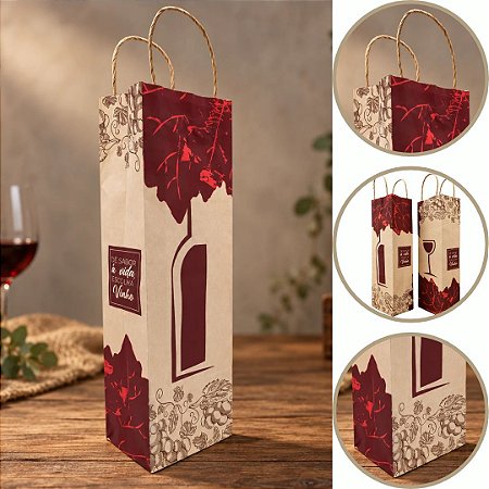 10 SACOLA COM ALÇA PARA GARRAFA DE VINHO 12X7,5X38 CM PA00857 (PLUMA)
