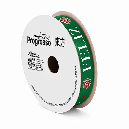 ROLO DE 10 METROS DE FITA CETIM 15MM FELIZ NATAL VERDE 528 ( PROGRESSO )