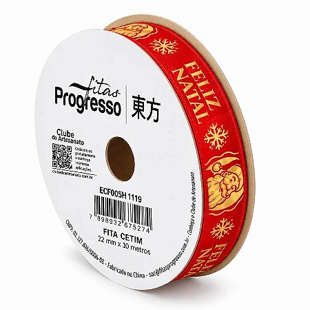 ROLO DE 10 METROS DE FITA CETIM 22MM FELIZ NATAL VERMELHO 1119 ( PROGRESSO )