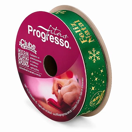 ROLO DE 10 METROS DE FITA CETIM 22MM FELIZ NATAL VERDE 1120 ( PROGRESSO )