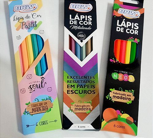 Lápis de cor de madeira 6 cores pastel / 6 cores metálicas