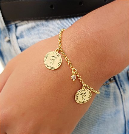 Pulseira Personalizada Medalhinha dados de nascimento ( 2 medalhinhas).