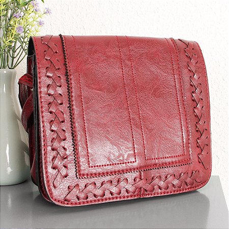 Bolsa Transversal Feminina Em Alto Relevo Com Tressê Vermelha