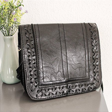 Bolsa Transversal Feminina Em Alto Relevo Com Tressê Preta