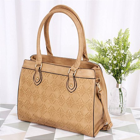Bolsa Feminina Estruturada Duas Repartições Detalhes Florais BEGE 273A BCB279