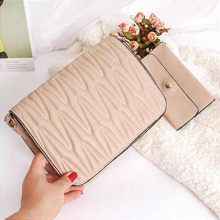 Bolsa Transversal  Luxo Alto Relevo com Porta Cartões Bege BCB262