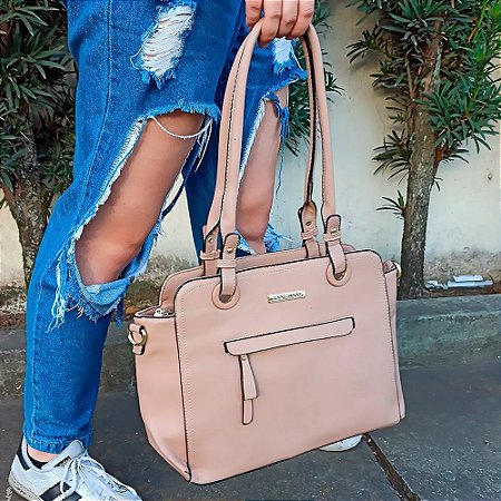 Bolsa Totem Estruturada Feminina Detalhes Metálicos Alça Dupla CAQUI LC025 BCB276