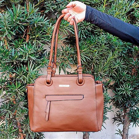 Bolsa Totem Estruturada Feminina Detalhes Metálicos Alça Dupla MARROM ESCURO LC025 BCB275