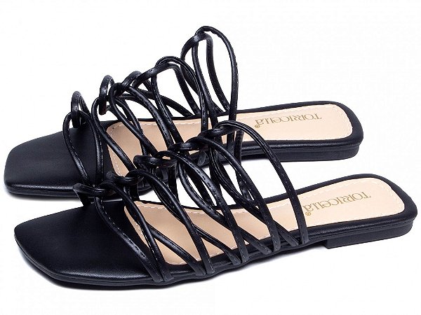Sandália Rasteira Tiras Finas Entrelaçadas Preto BC1000-59A