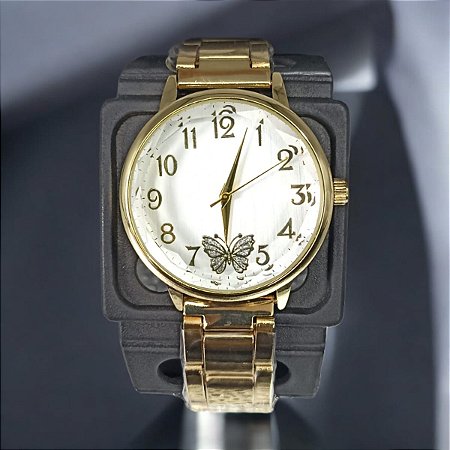 RELOGIO FEMININO DOURADO FUNDO COM BORBOLETA BCR133