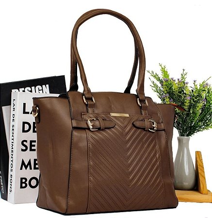 Bolsa Feminina Grande Detalhada Alça De Mão 4 Repartições U / MARROM ESCURO