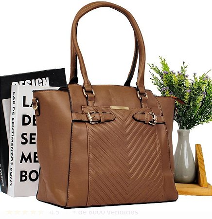 Bolsa Feminina Grande Detalhada Alça De Mão 4 Repartições U / MARROM ESCURO