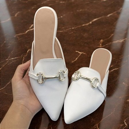 Mule Rasteirinha Bico Alongado Napa Branco.