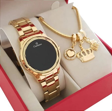 Relógio Champion Feminino Digital Led Dourado Ch48019h Cor do fundo Preto BCR101
