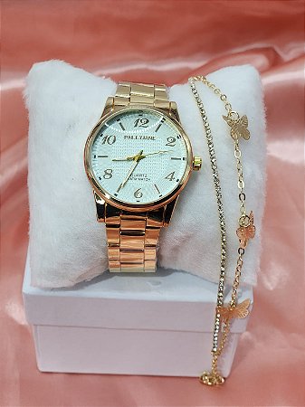 Kit Relógio e Pulseira Dourada com strass e borboleta Pallyjane BCR145