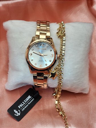 Kit Relógio Pallyjane rose com Pulseira de stress e estrela BCR144