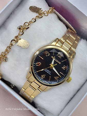 Kit Relógio Pallyjane com Pulseira detalhe pedra brilhante e coruja  BCR146