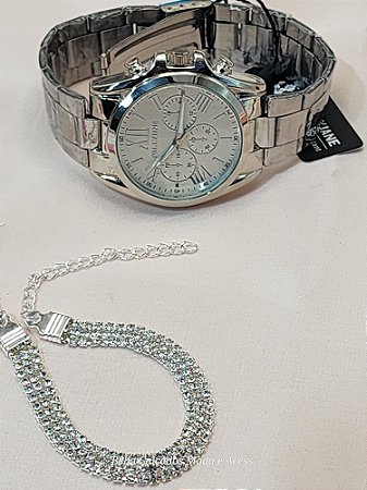 Kit Relógio Pallyjane Prateado com Pulseira de stress BCR150