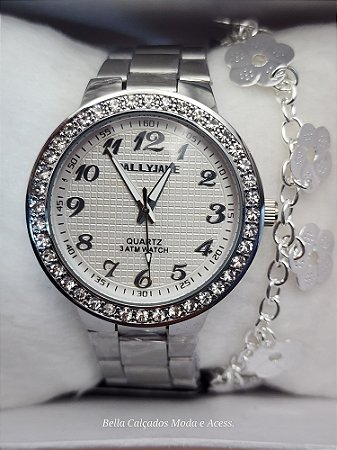 Kit Relógio Pallyjane Prateado com strass e Pulseira detalhe flor BCR148