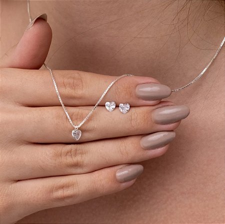 Colar e brincos ponto de luz coração Prata pura BCJ406