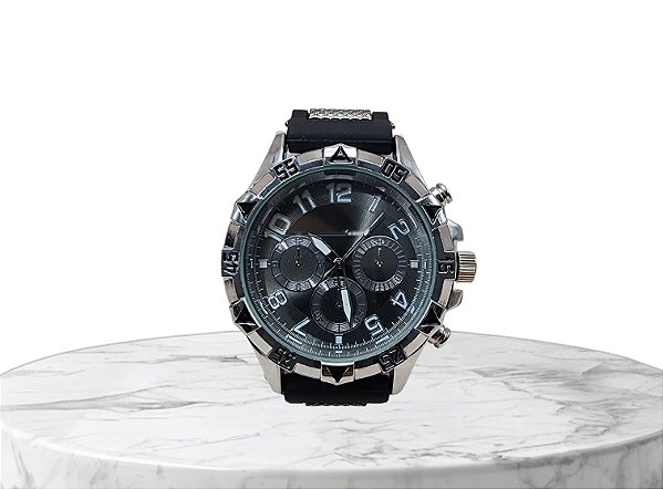 Relógio Masculino Preto Com Prata Correia Silicone BCRM119