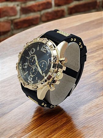 Relógio Masculino Preto Com Dourado Correia Silicone BCRM118