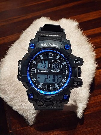 Relogio masculino pulseira de silicone preto e detalhes em azul com alarme calendário e luz BCRM06
