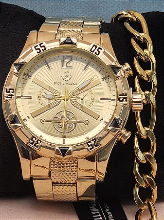 Relogio masculino de aço inoxidável dourado com corrente BCRM01