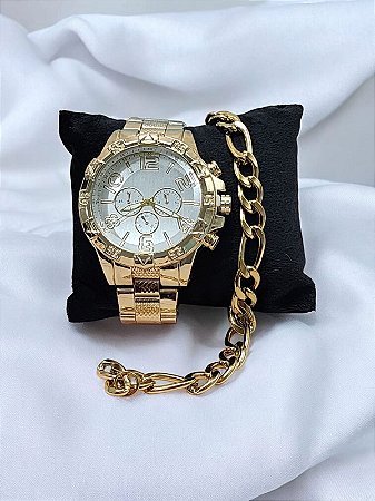 Relogio masculino de aço inoxidável dourado com fundo claro e corrente BCRM02