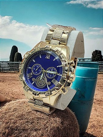 Relogio masculino de aço inoxidável dourado com fundo azul e corrente BCRM03