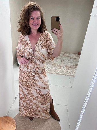 VESTIDO LONGO BEGE ESTAMPA PAISLEY