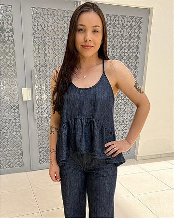 BLUSA JEANS COM LINHO