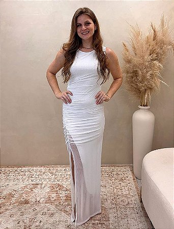 VESTIDO LONGO EM TULE METALIZADO PRATA