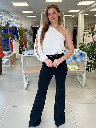 CALÇA JEANS FLARE COM BRILHO