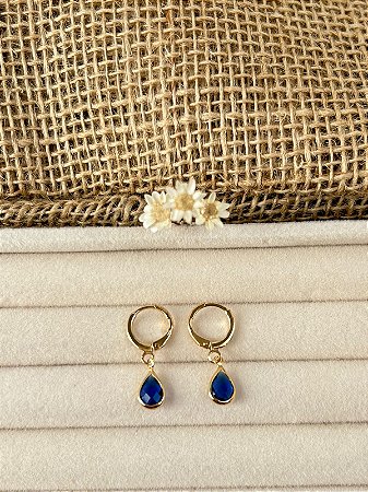 BRINCO ARGOLA COM GOTA PENDENTES AZUL BANHADO A OURO