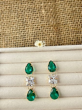 BRINCO GOTA TURMALINA VERDE E ZIRCÔNIA QUADRADA CRISTAL BANHADO A OURO